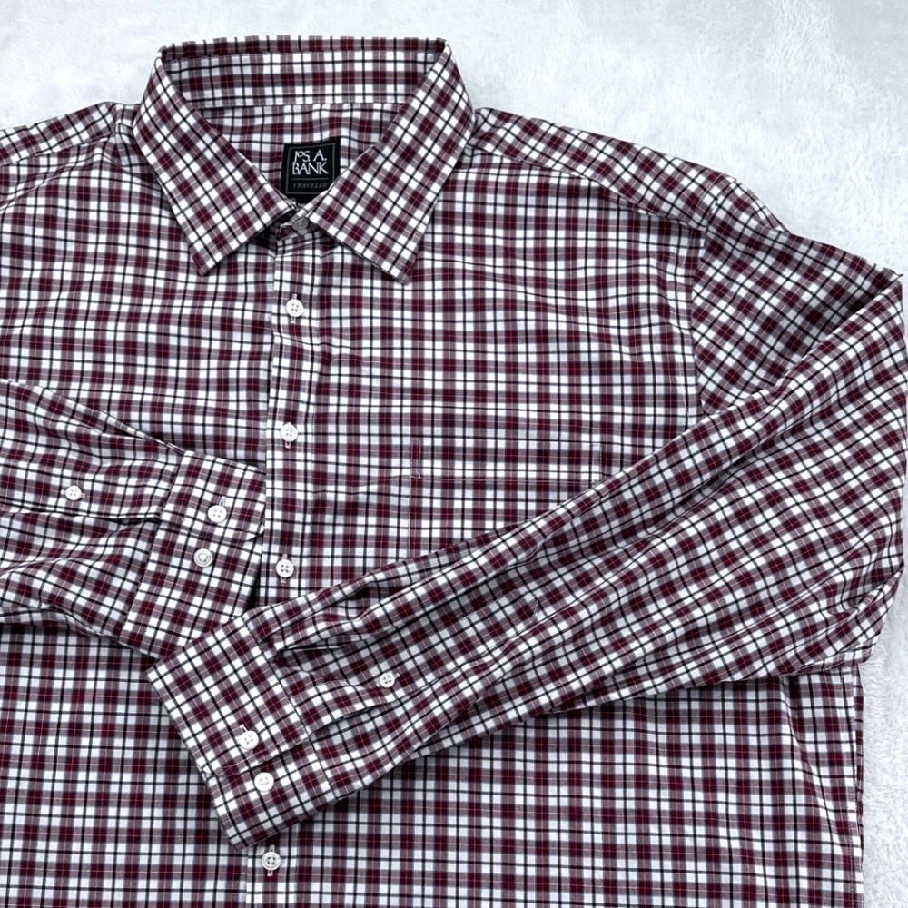 Jos. A. Bank Mens Button Down Shirt XXL Burgundy Plaid Traveler Tailored Fit
